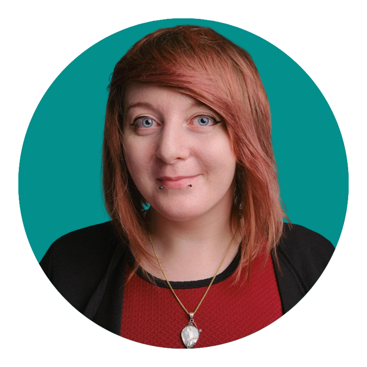 Coleen Hughes Marketing Officer Portrait photograph with green background in a circle.